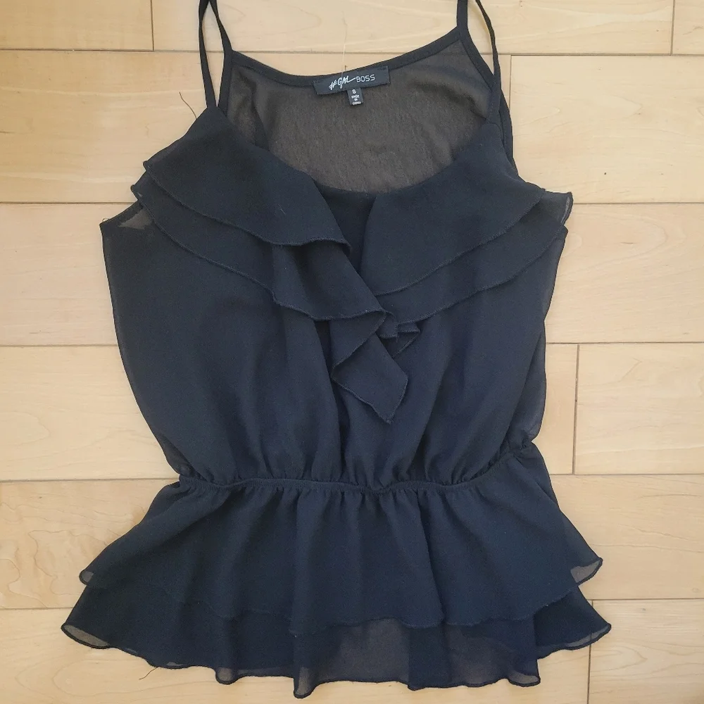 #GIRL BOSS Black Sheer Ruffle Peplum Cami Top Size S - Picture 3 of 3